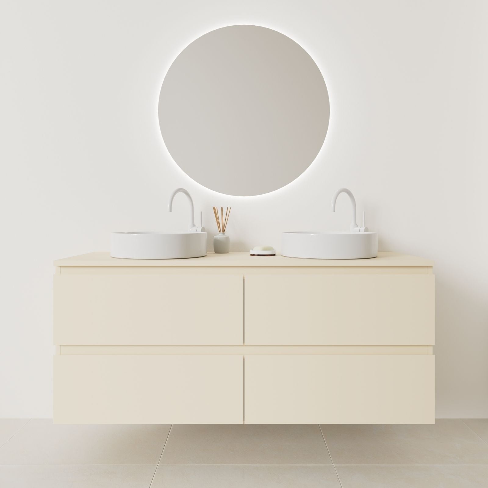 meuble salle de bain marco 140 cm double vasque suspendu sable prise de main vue face