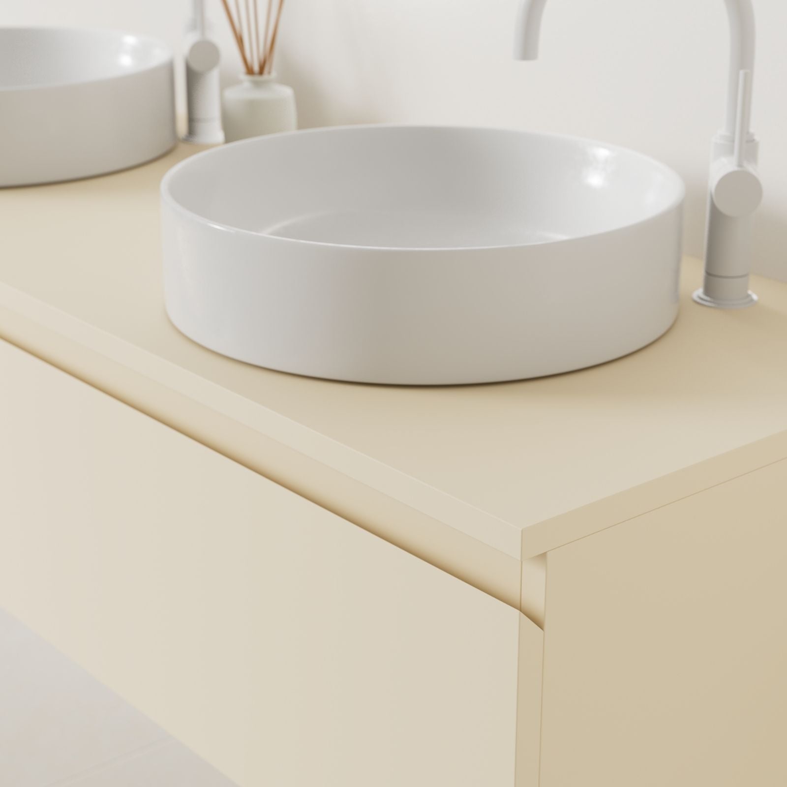 meuble salle de bain mino 140 cm sable poignées intégrées avec double vasque à poser vue angle