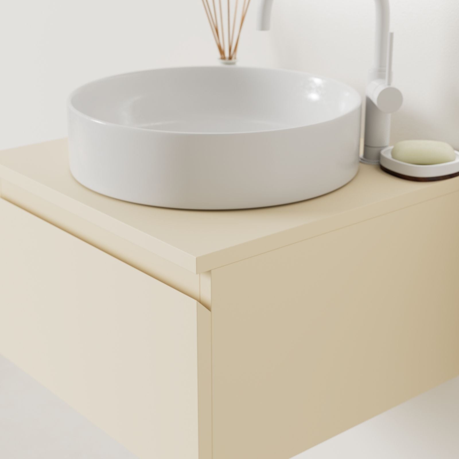 meuble salle de bain mino 50 cm sable poignées intégrées avec vasque posé vue angle