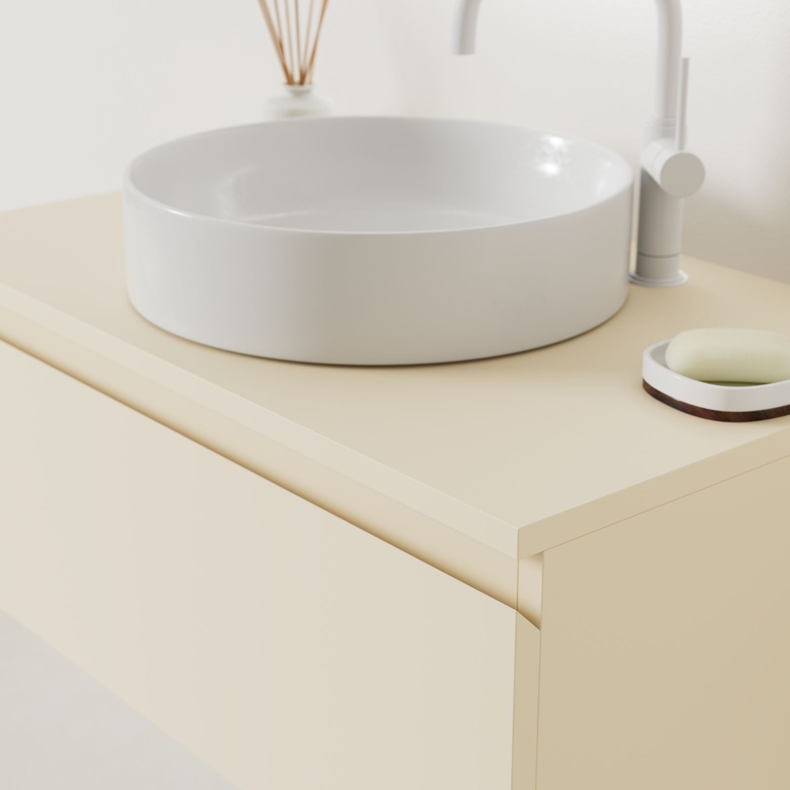 meuble salle de bain mino 80 cm sable poignées intégrées avec vasque posé vue angle