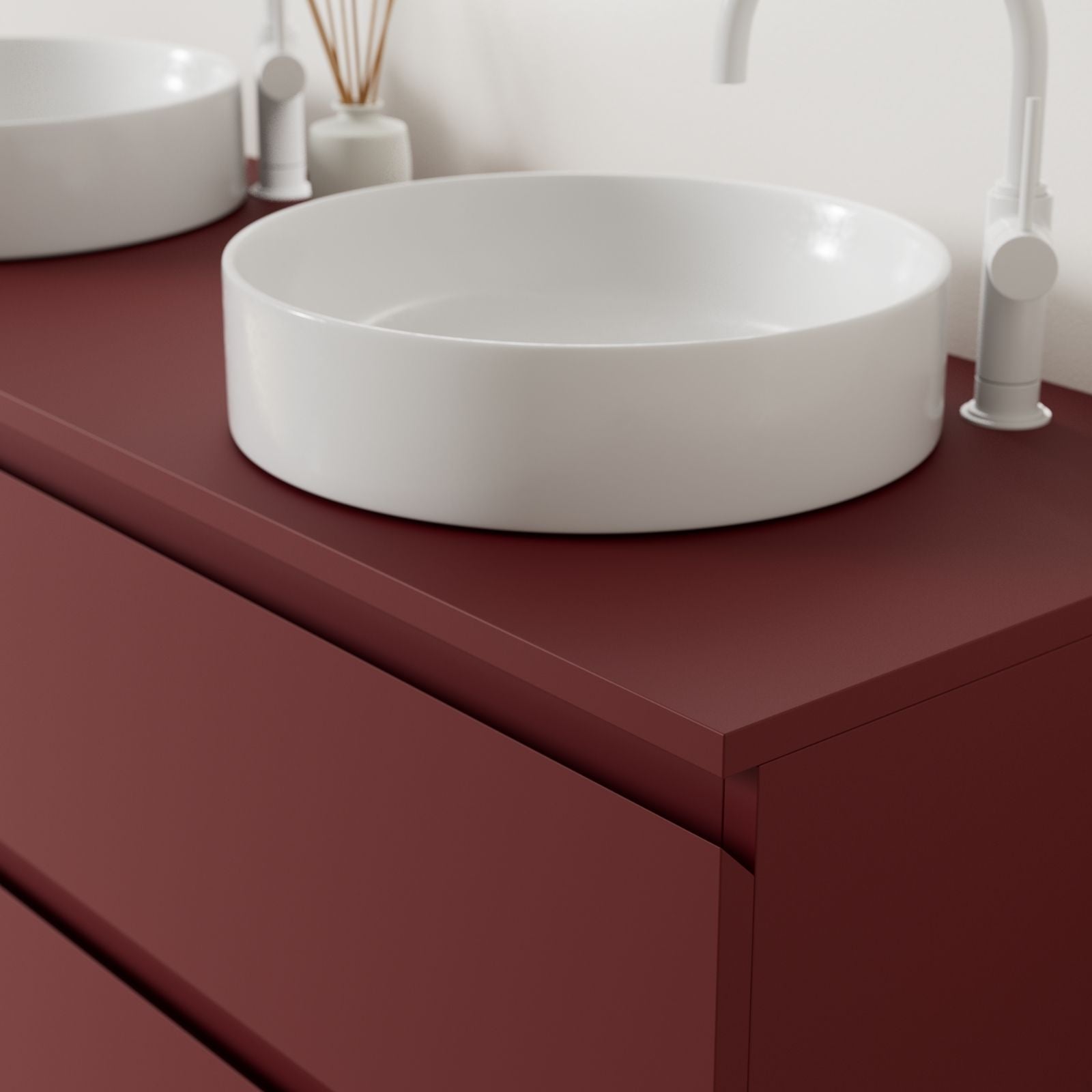 meuble salle de bain marco rubis 140 cm poignées intégrées avec double vasque à poser vue angle