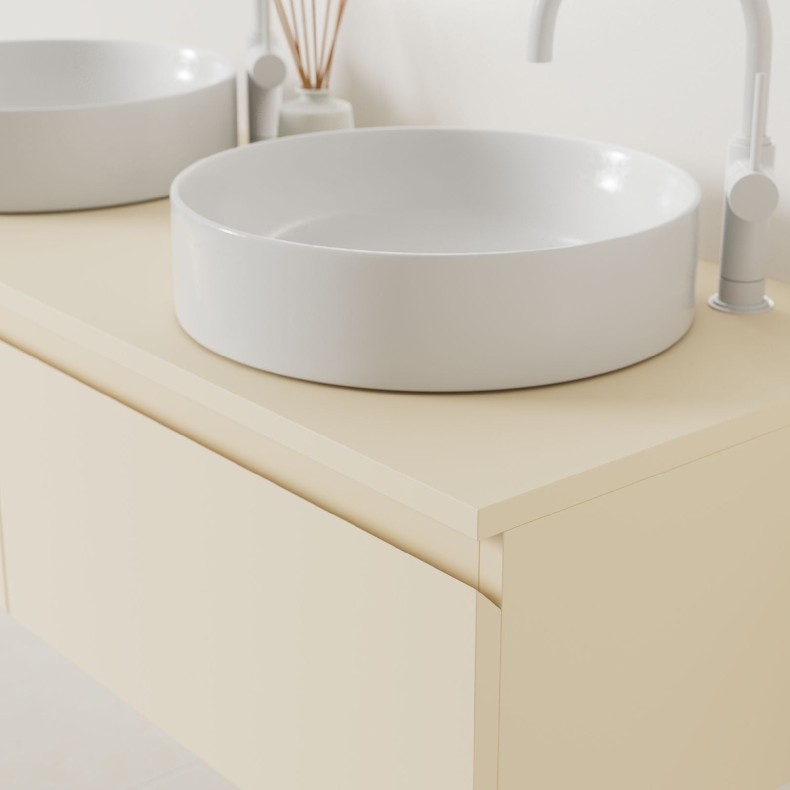 meuble salle de bain mino 120 cm sable poignées intégrées avec double vasque à poser vue angle