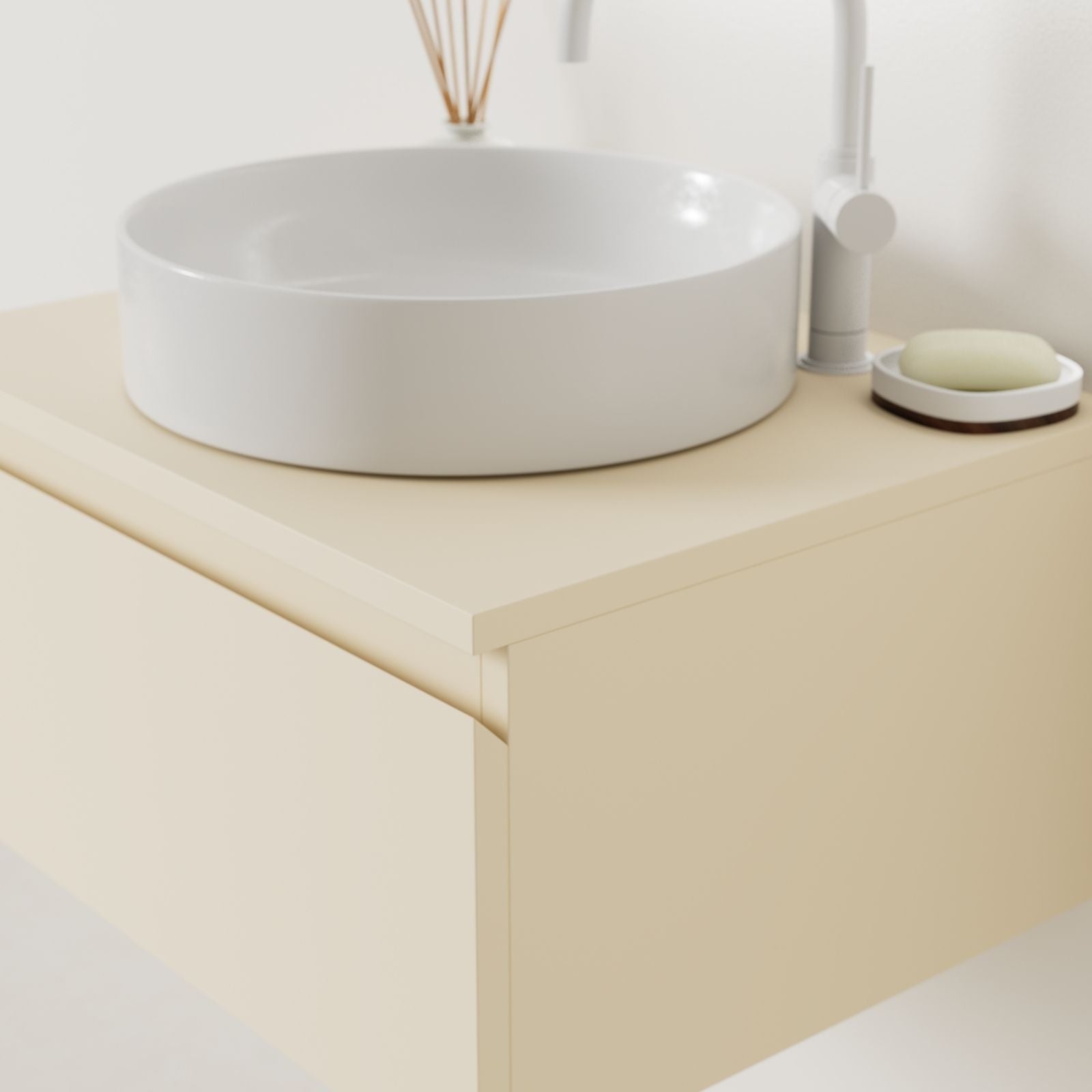 meuble salle de bain mino 60 cm sable poignées intégrées avec vasque posé vue angle
