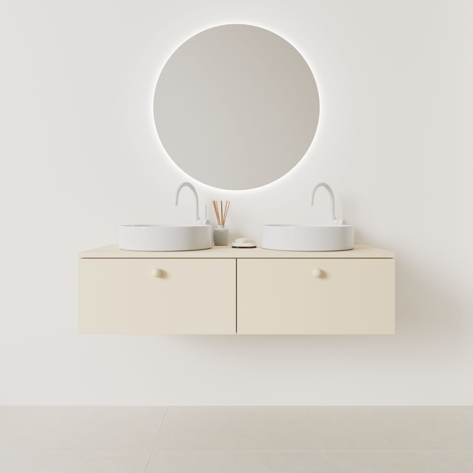 meuble salle de bain mino 120 cm double vasque suspendu sable façade lisse vue face