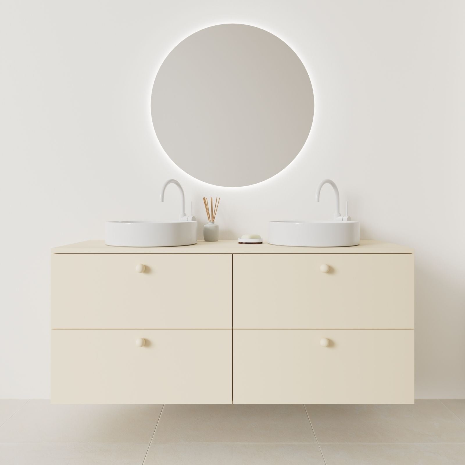 meuble salle de bain marco 140 cm double vasque suspendu sable façade lisse vue face