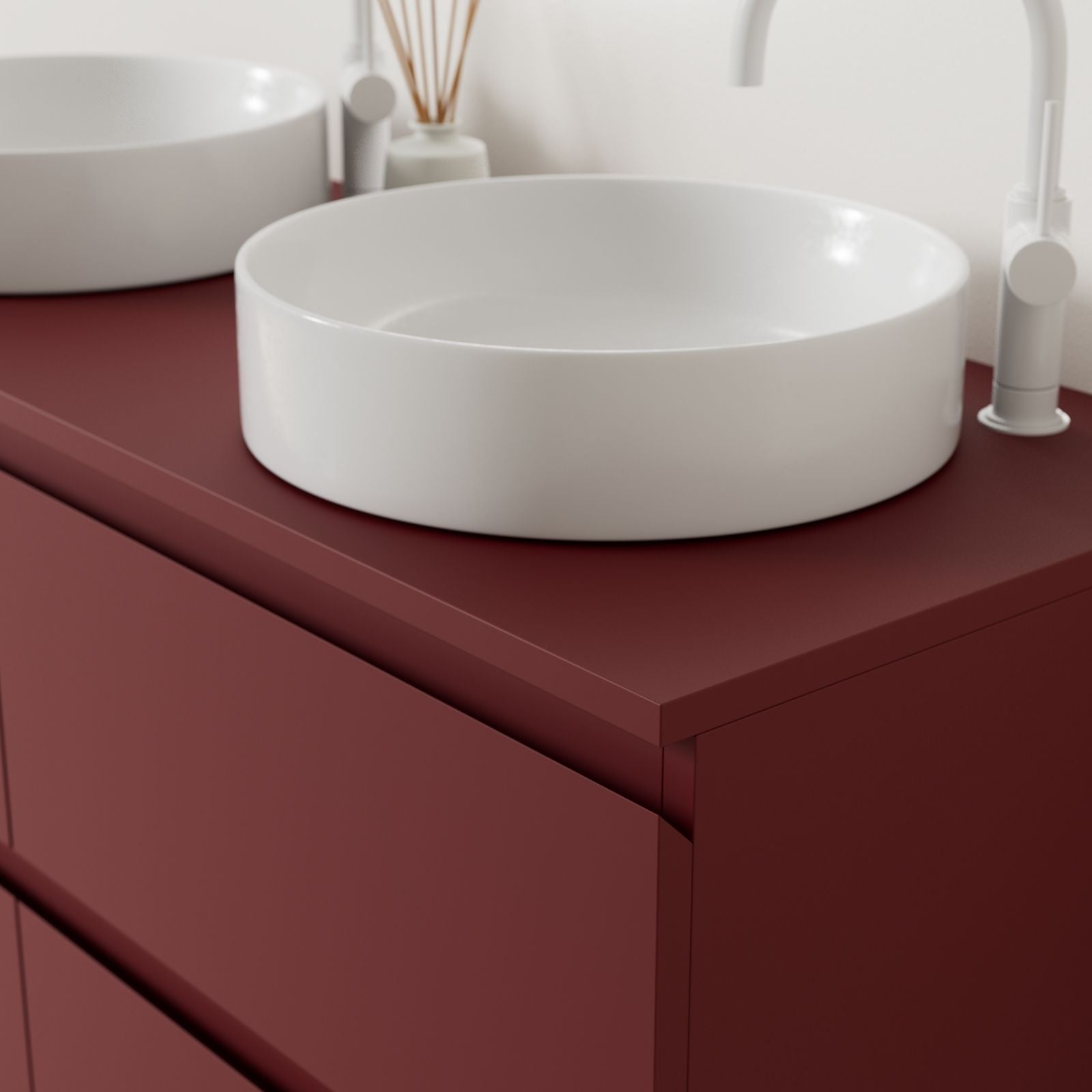 meuble salle de bain marco rubis 120 cm poignées intégrées avec double vasque à poser vue angle