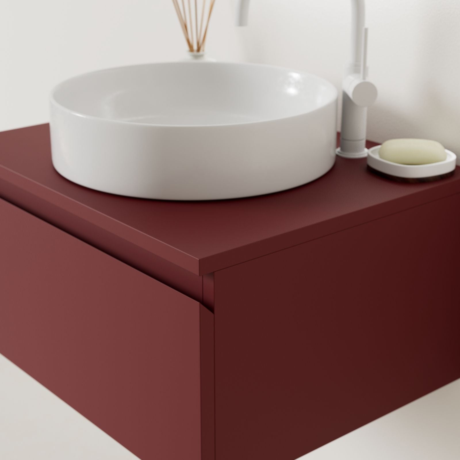 meuble salle de bain mino 60 cm rubis poignées intégrées avec vasque posé vue angle
