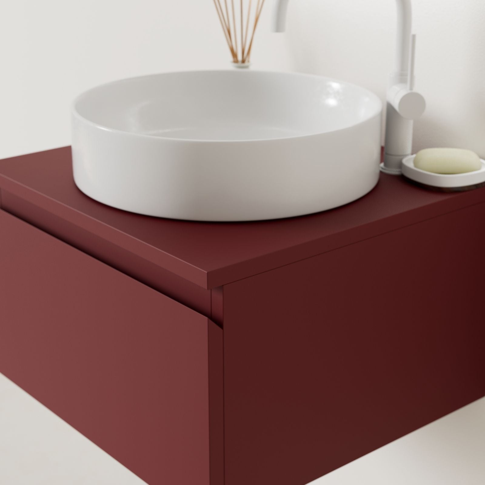 meuble salle de bain mino 50 cm rubis poignées intégrées avec vasque posé vue angle