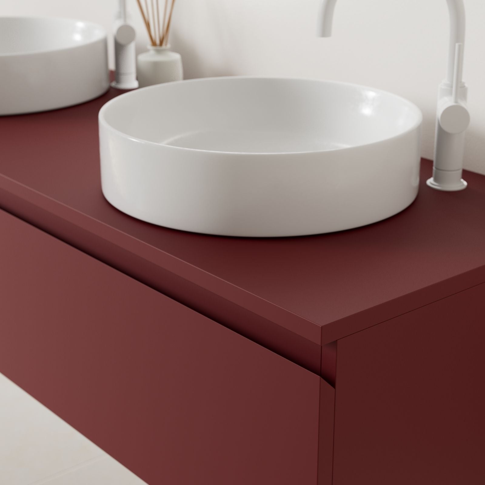 meuble salle de bain mino 140 cm rubis poignées intégrées avec double vasque à poser vue angle