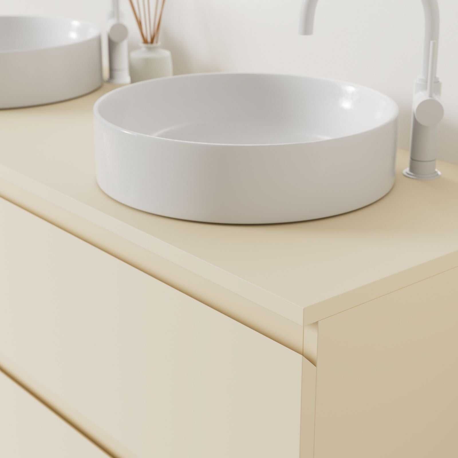 meuble salle de bain marco sable 140 cm poignées intégrées avec double vasque à poser vue angle