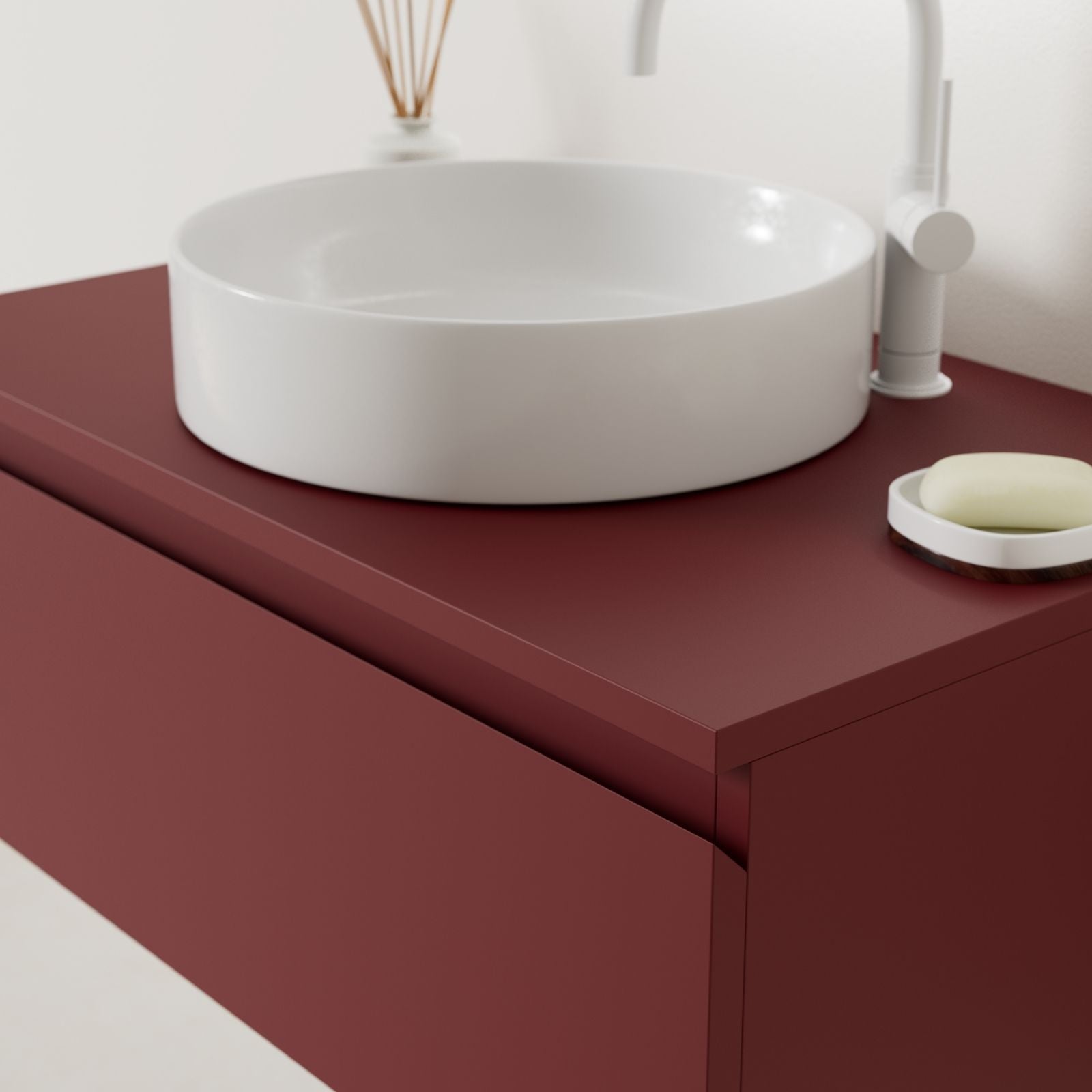 meuble salle de bain mino 80 cm rubis poignées intégrées avec vasque posé vue angle