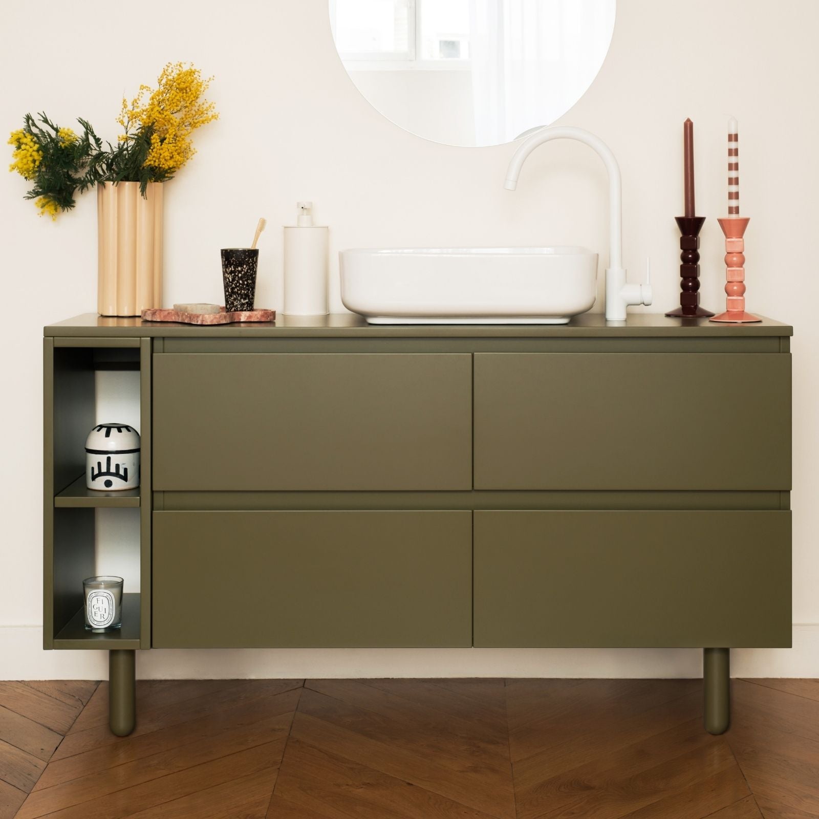 pieds meuble salle de bain pedro kaki vue face montage