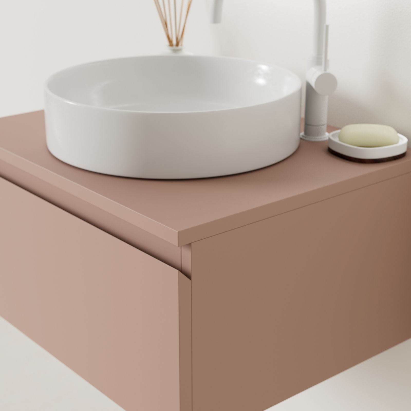 meuble salle de bain mino 60 cm argile poignées intégrées avec vasque posé vue angle