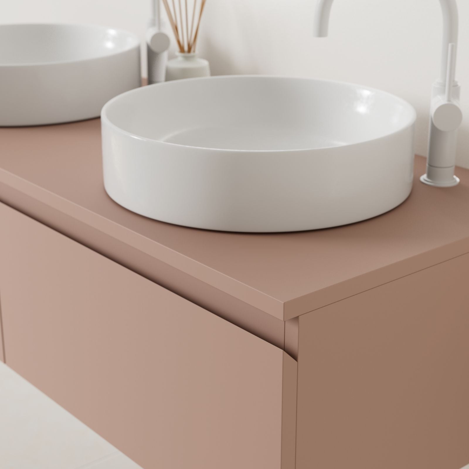 meuble salle de bain mino 120 cm argile poignées intégrées avec double vasque à poser vue angle