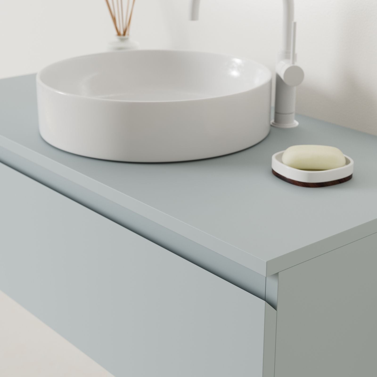 meuble salle de bain mino 100 cm bleu poignées intégrées avec vasque posé vue angle