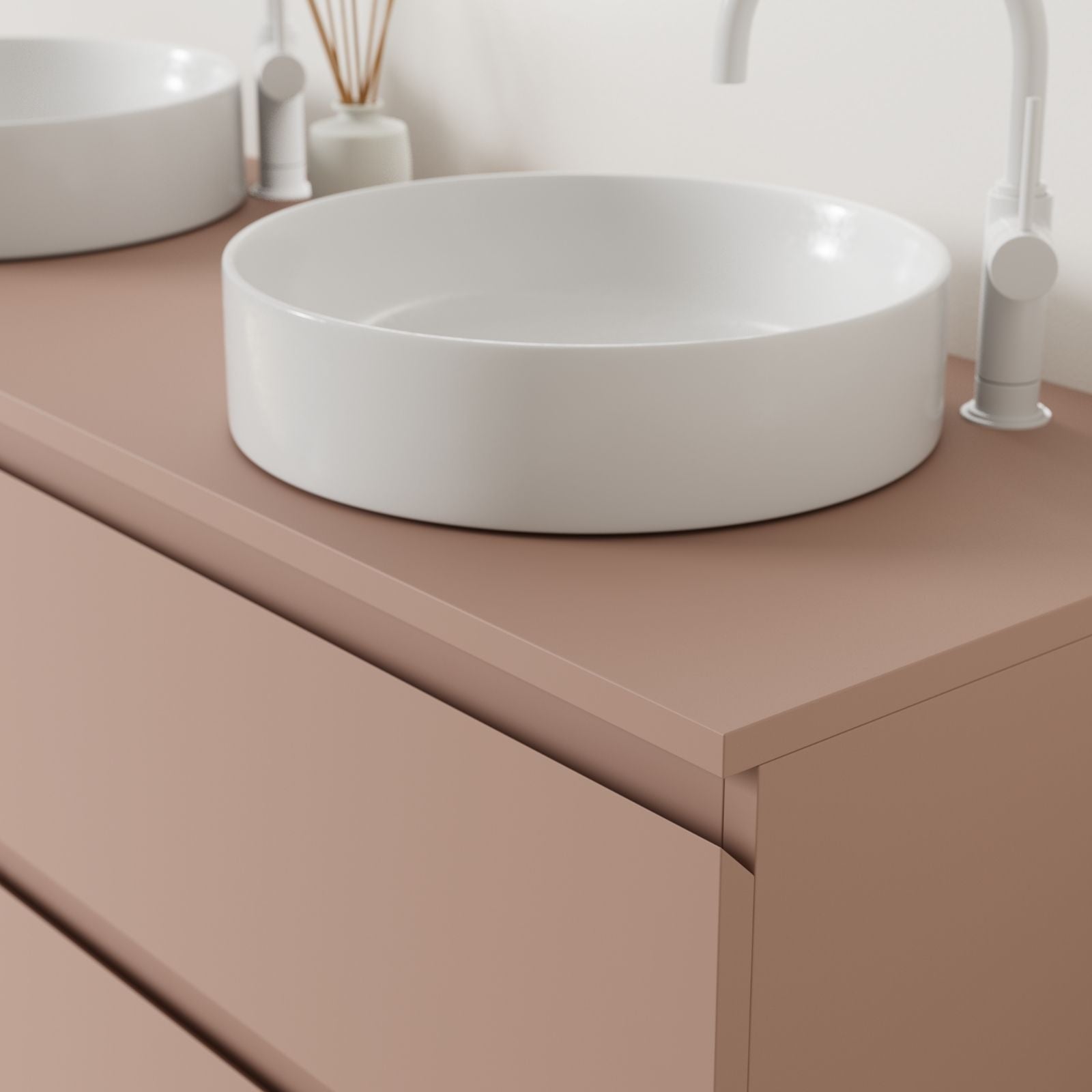 meuble salle de bain marco argile 140 cm poignées intégrées avec double vasque à poser vue angle