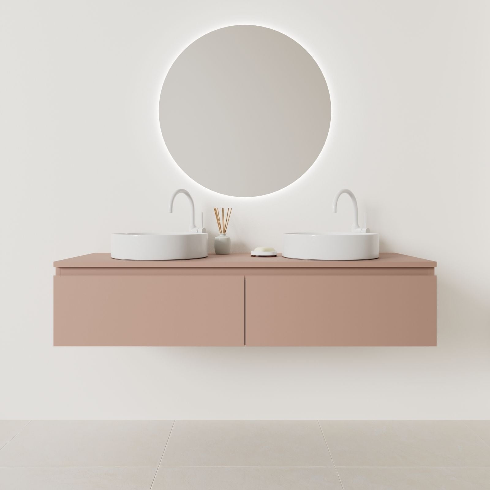 meuble salle de bain mino 140 cm double vasque suspendu argile prise de main vue face