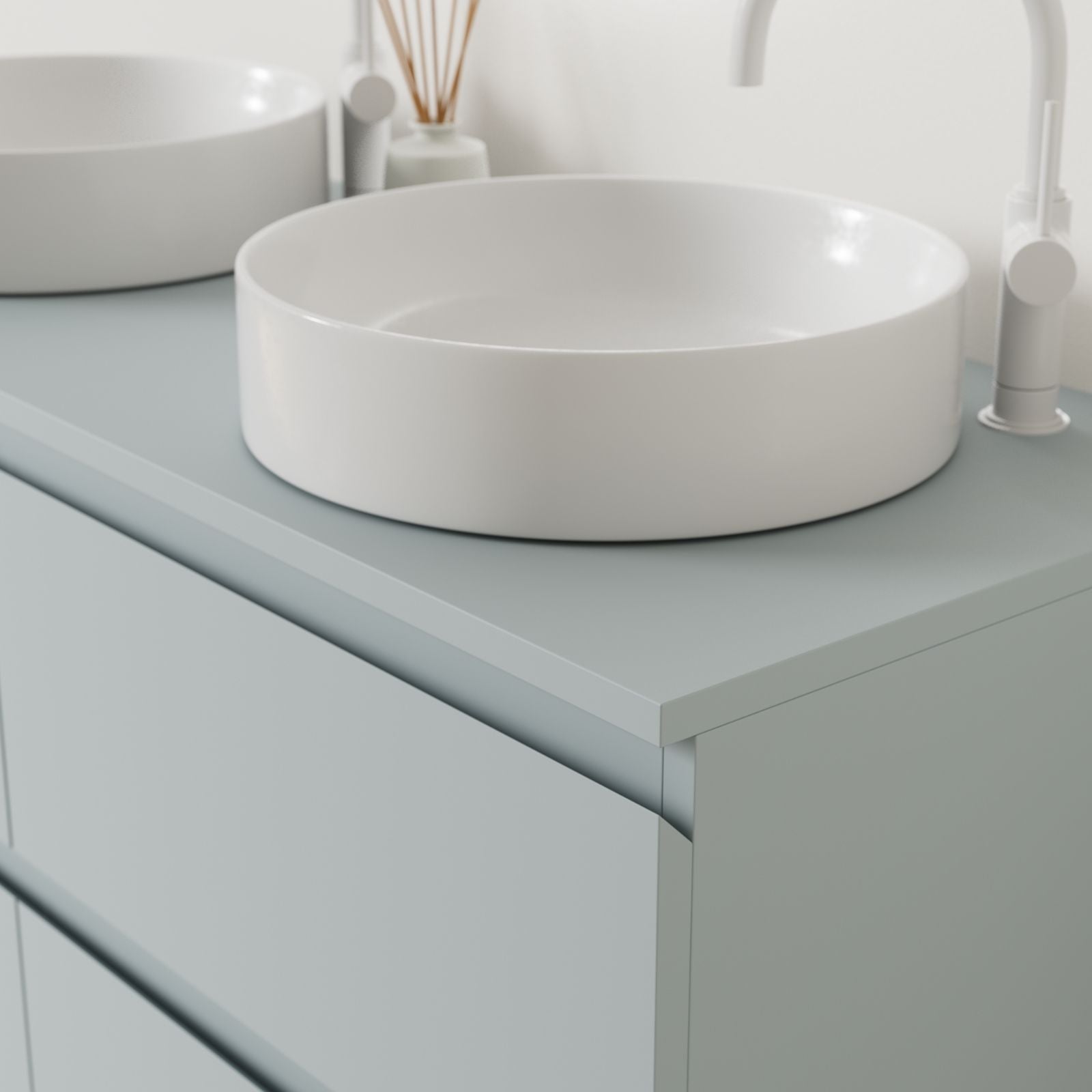 meuble salle de bain marco bleu 120 cm poignées intégrées avec double vasque à poser vue angle