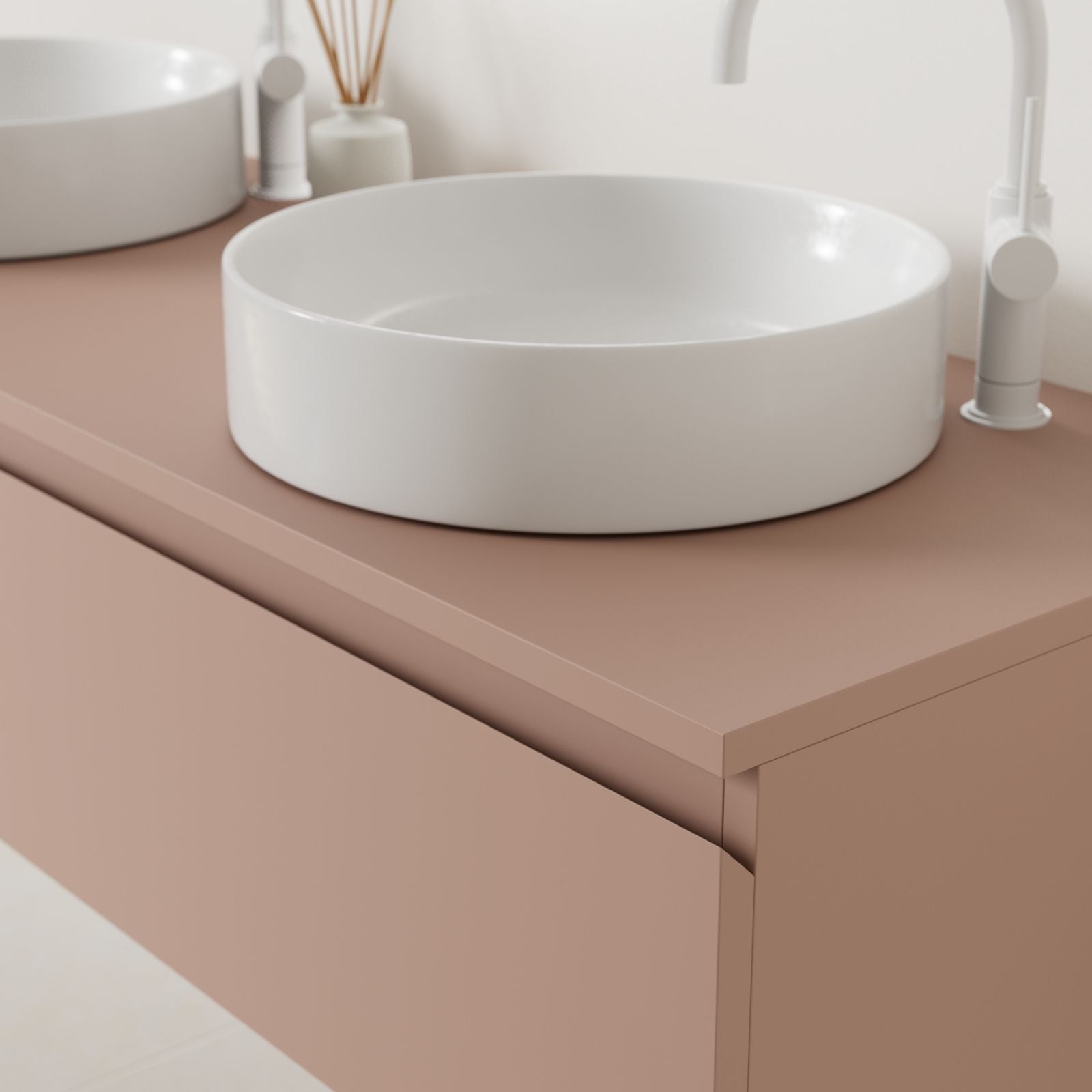 meuble salle de bain mino 140 cm argile poignées intégrées avec double vasque à poser vue angle