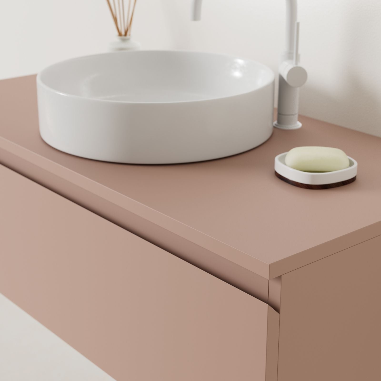 meuble salle de bain mino 100 cm argile poignées intégrées avec vasque posé vue angle