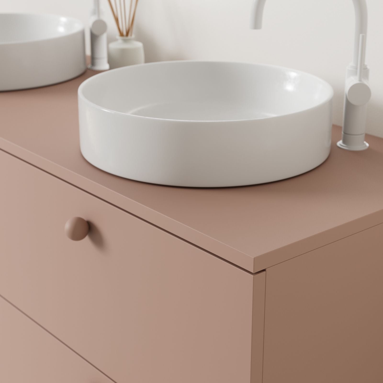 meuble salle de bain marco 140 cm argile double vasque à poser vue angle