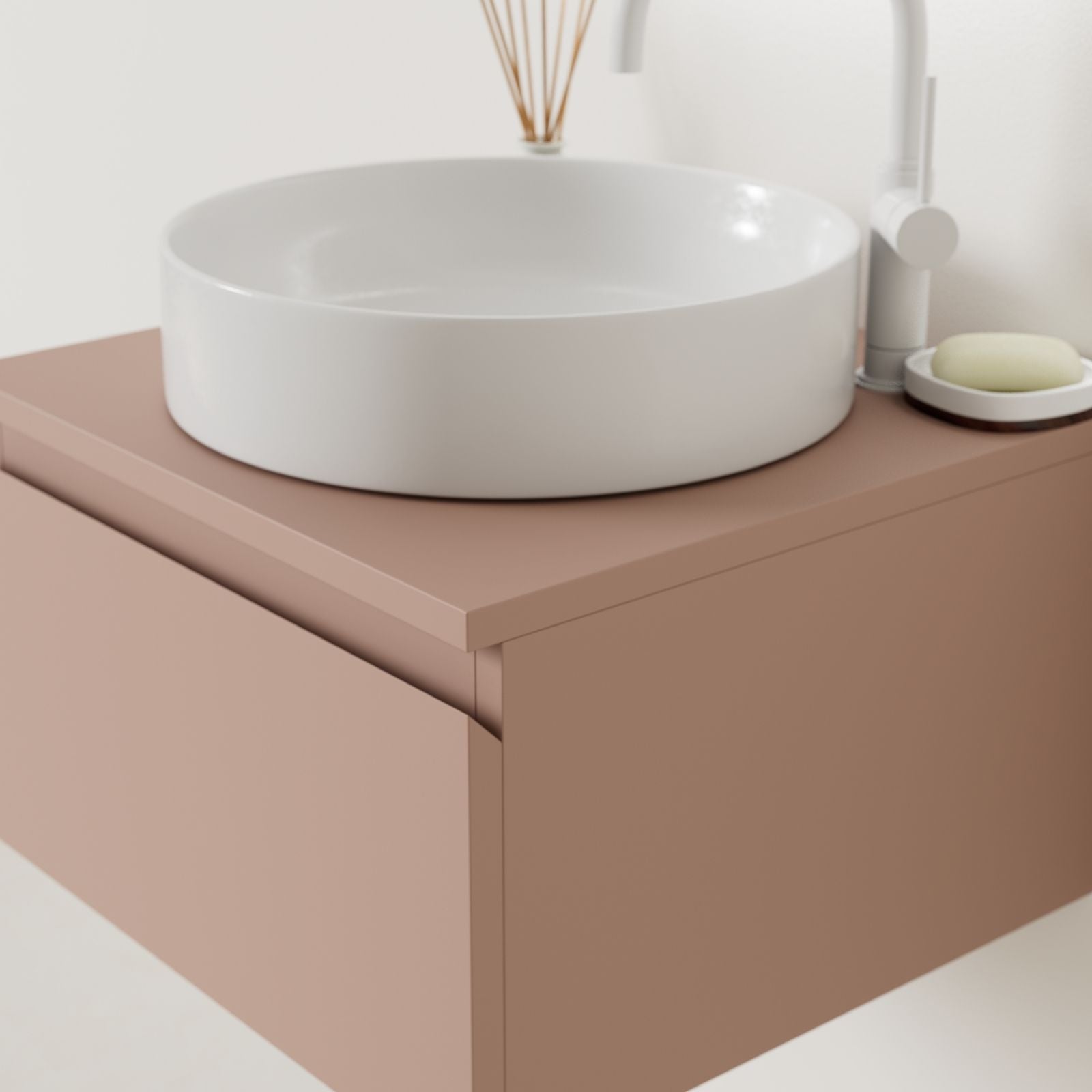 meuble salle de bain mino 50 cm argile poignées intégrées avec vasque posé vue angle