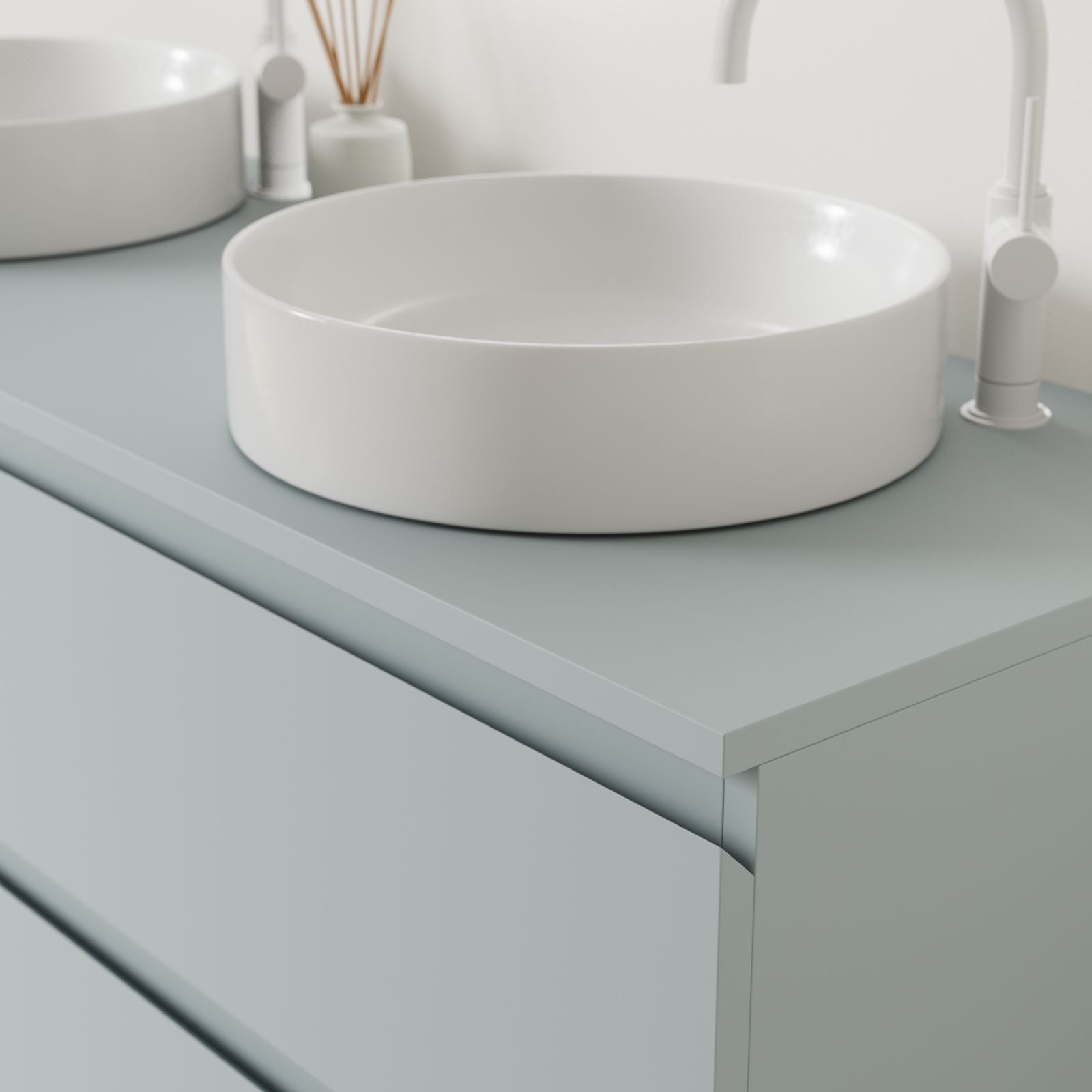 meuble salle de bain marco bleu 140 cm poignées intégrées avec double vasque à poser vue angle