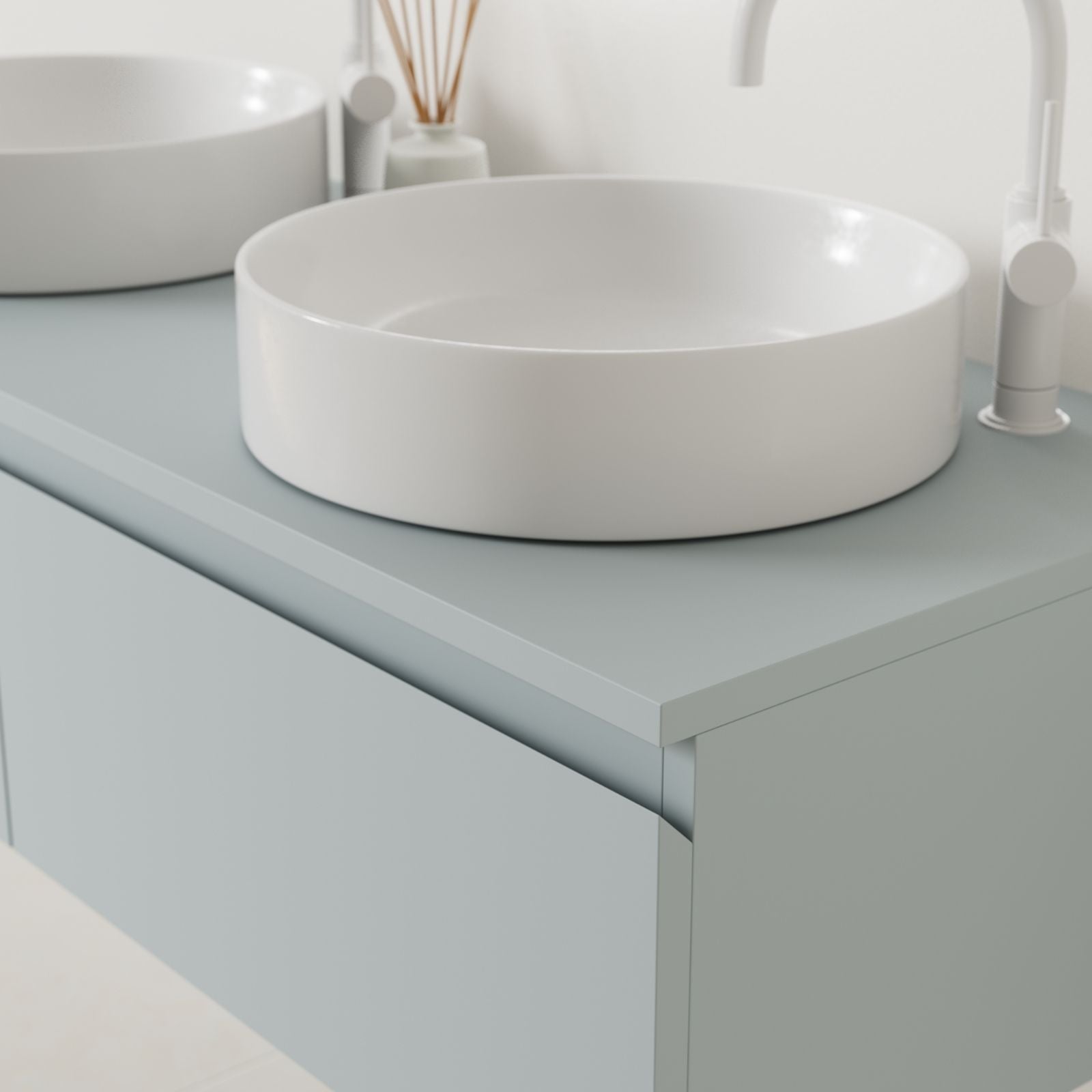 meuble salle de bain mino 120 cm bleu poignées intégrées avec double vasque à poser vue angle