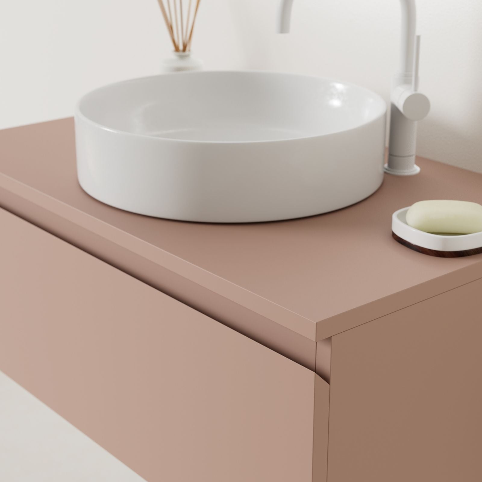 meuble salle de bain mino 80 cm argile poignées intégrées avec vasque posé vue angle