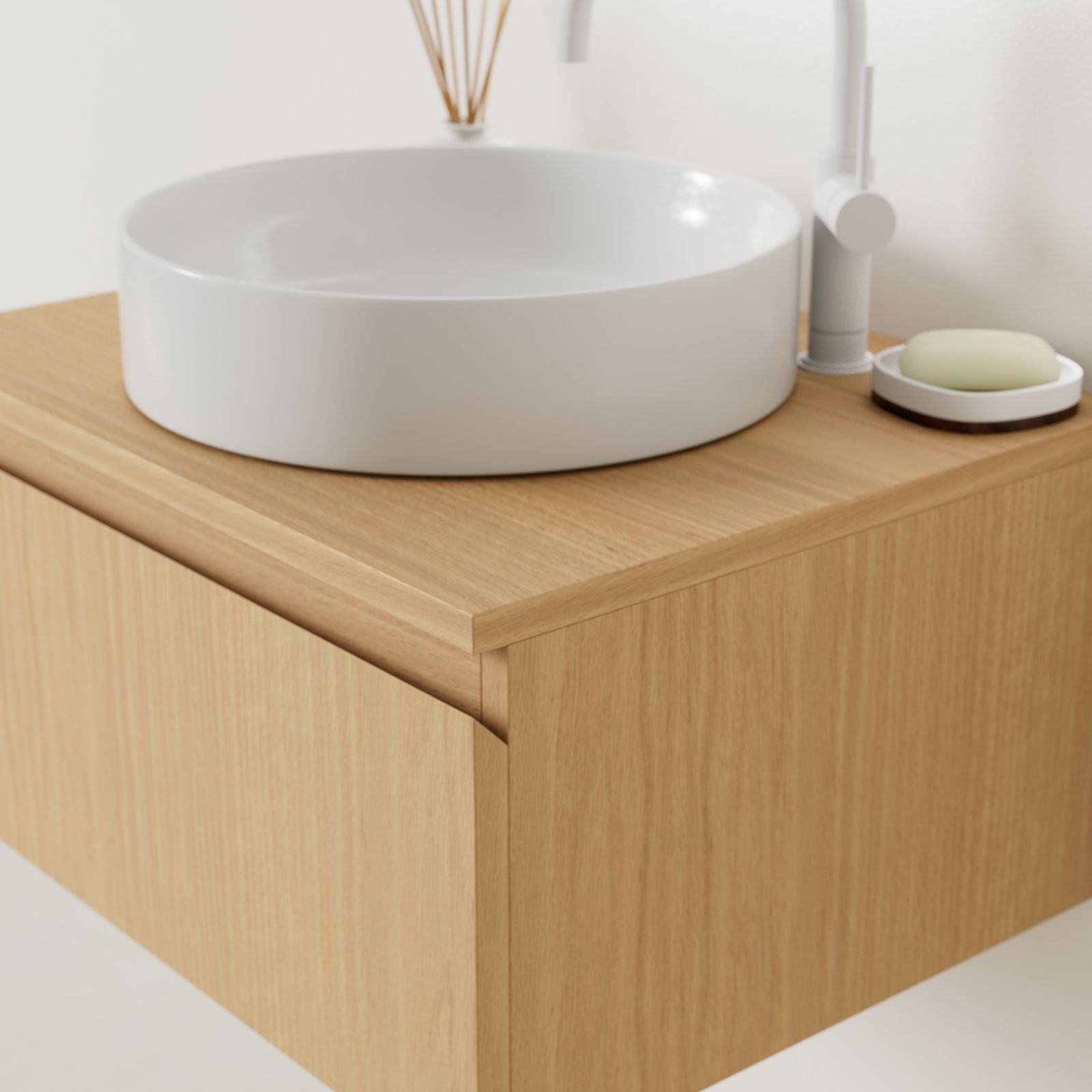 meuble salle de bain mino 60 cm chêne poignées intégrées avec vasque posé vue angle