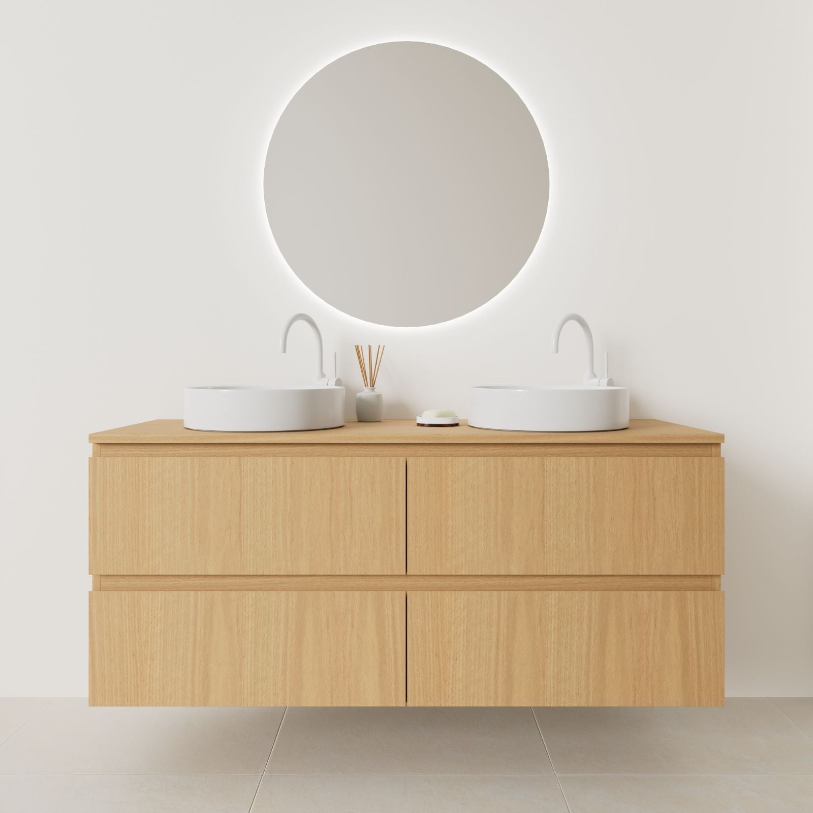 meuble salle de bain marco 140 cm double vasque suspendu chêne prise de main vue face