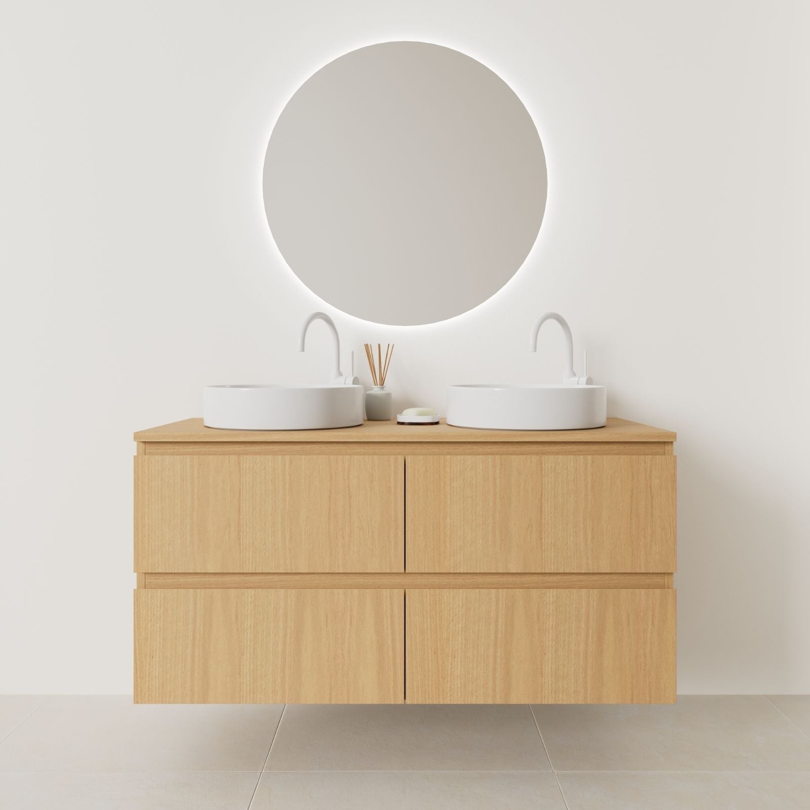 meuble salle de bain marco 120 cm double vasque suspendu chêne prise de main vue face