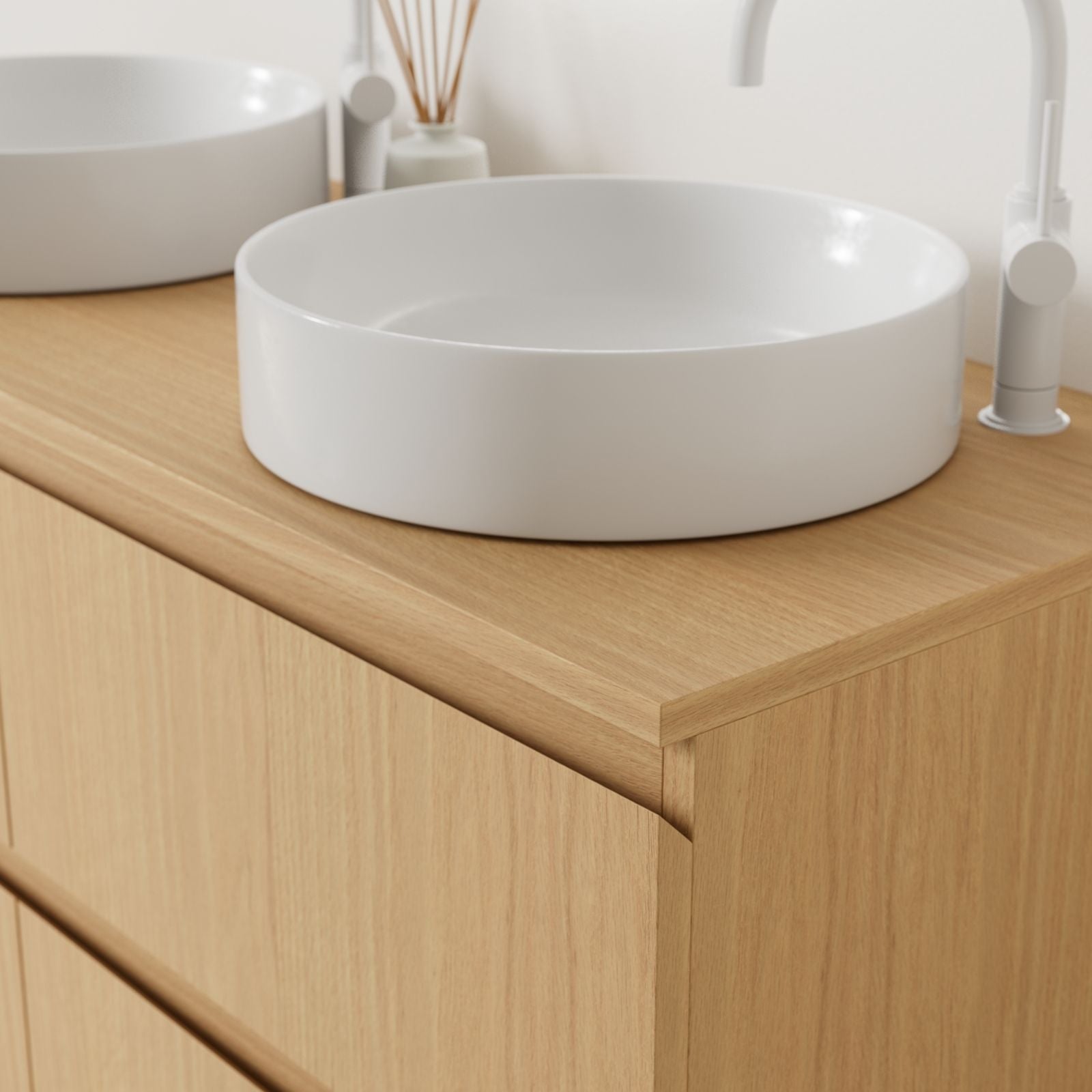 meuble salle de bain marco chêne 120 cm poignées intégrées avec double vasque à poser vue angle