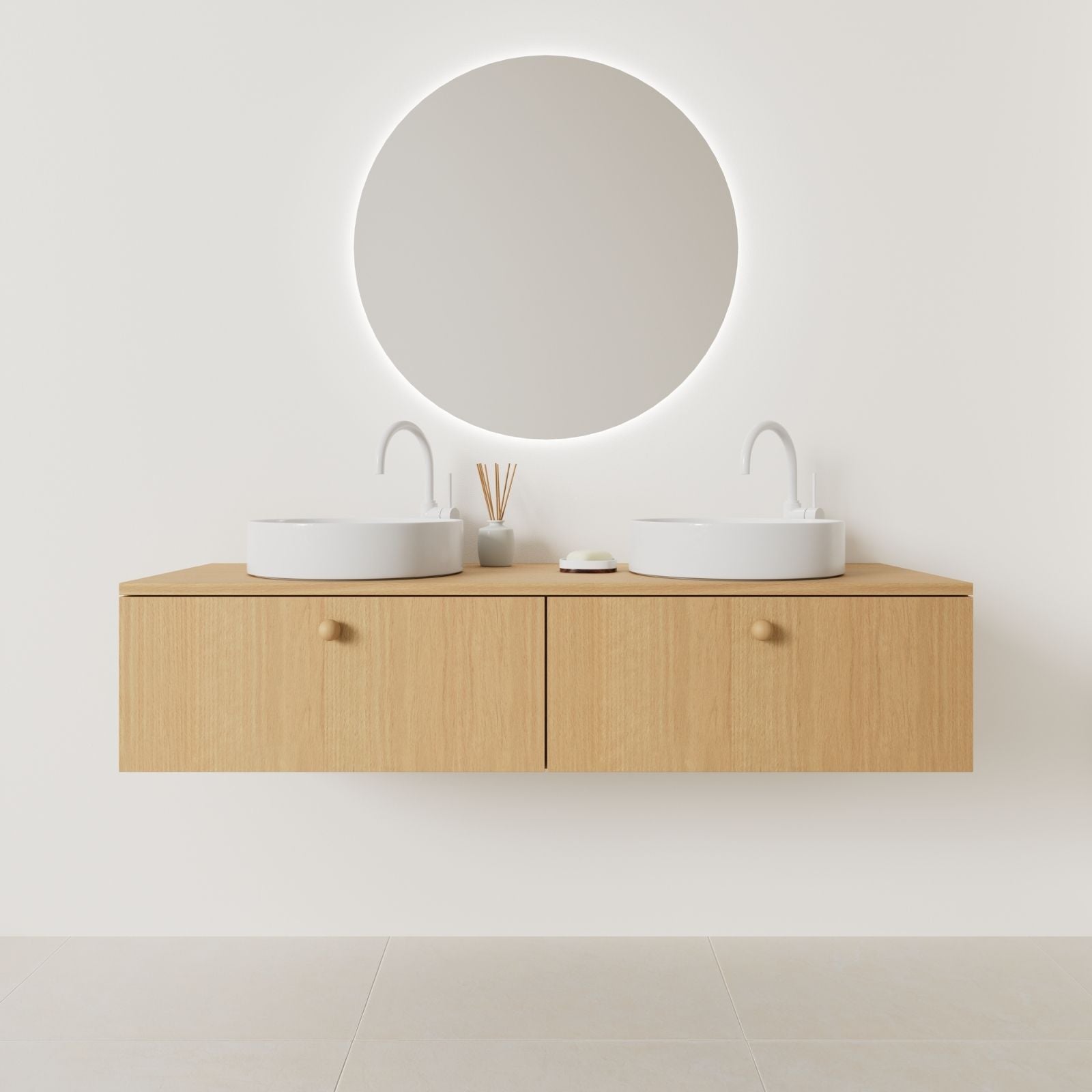 meuble salle de bain mino 140 cm double vasque suspendu chêne façade lisse vue face