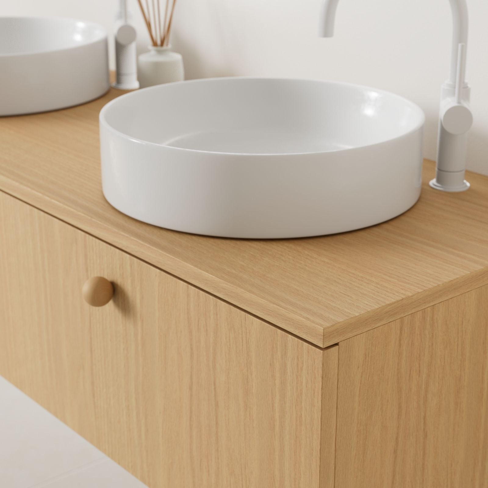 meuble salle de bain mino 140 cm chêne double vasque à poser vue angle