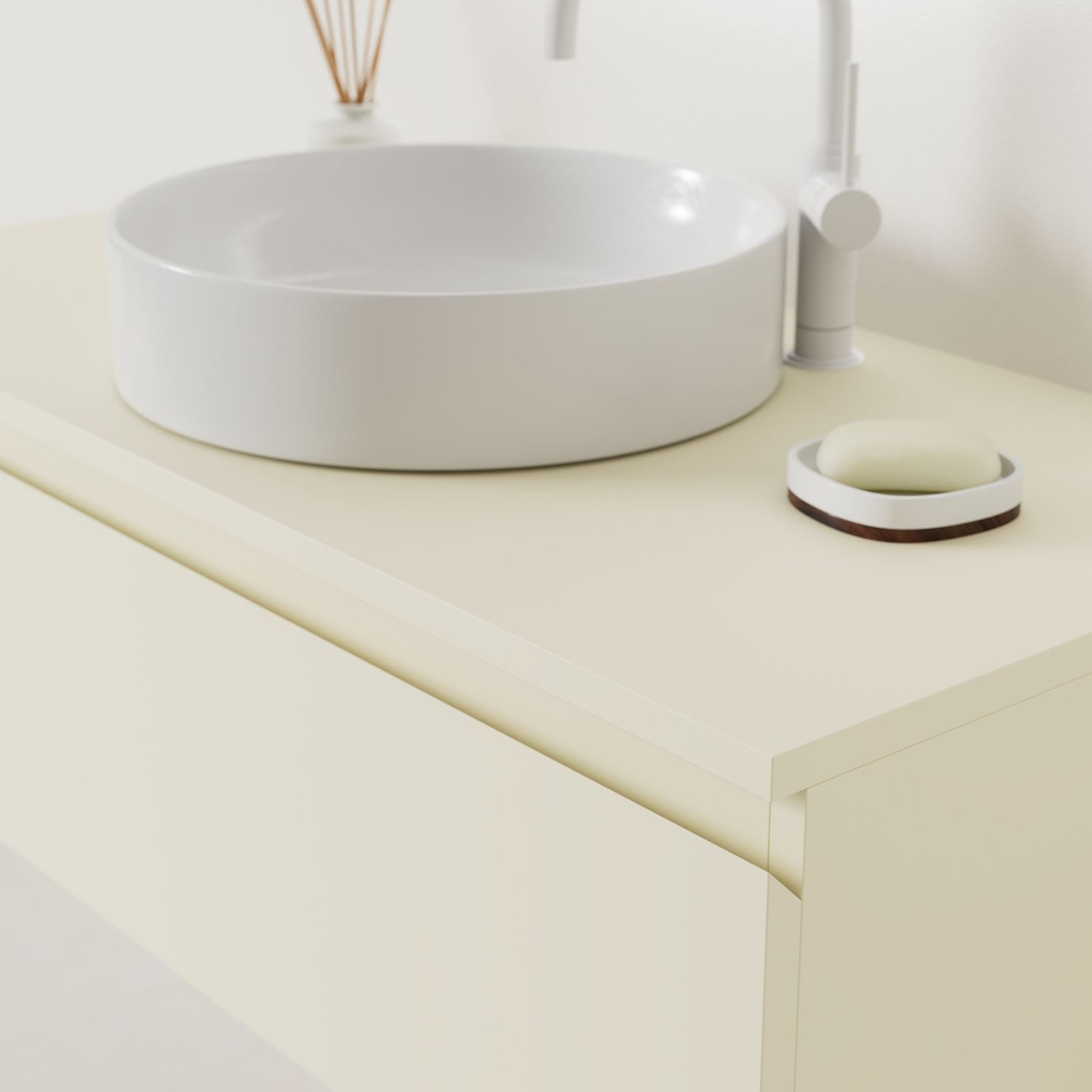 meuble salle de bain mino 100 cm coquille poignées intégrées avec vasque posé vue angle