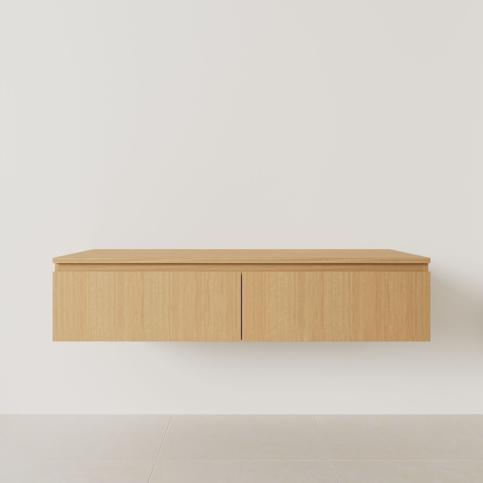 meuble salle de bain mino 140 cm double vasque suspendu chêne poignées intégrées vue face.