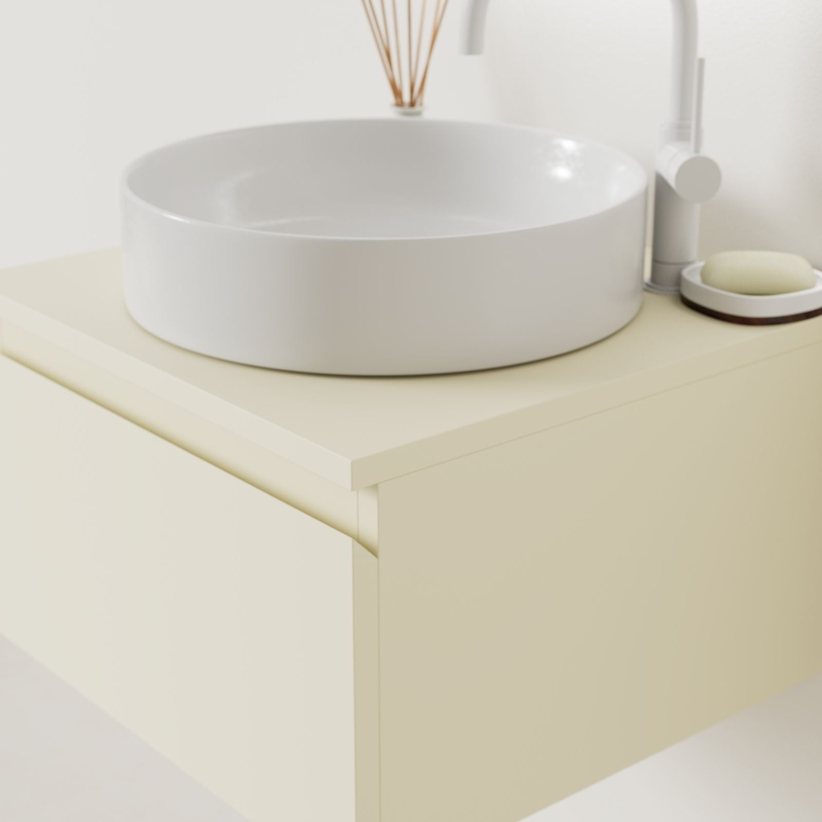 meuble salle de bain mino 50 cm coquille poignées intégrées avec vasque posé vue angle