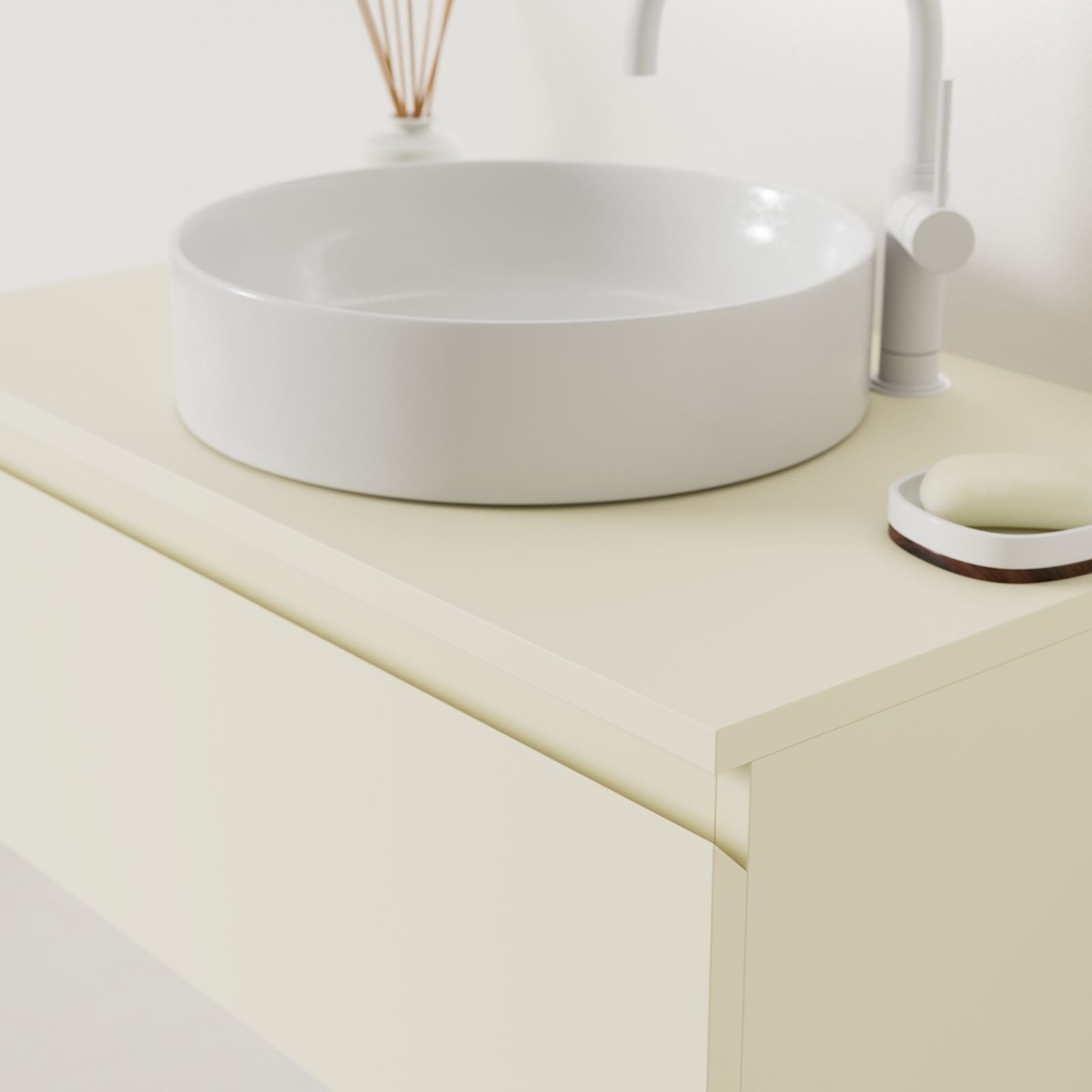 meuble salle de bain mino 80 cm coquille poignées intégrées avec vasque posé vue angle
