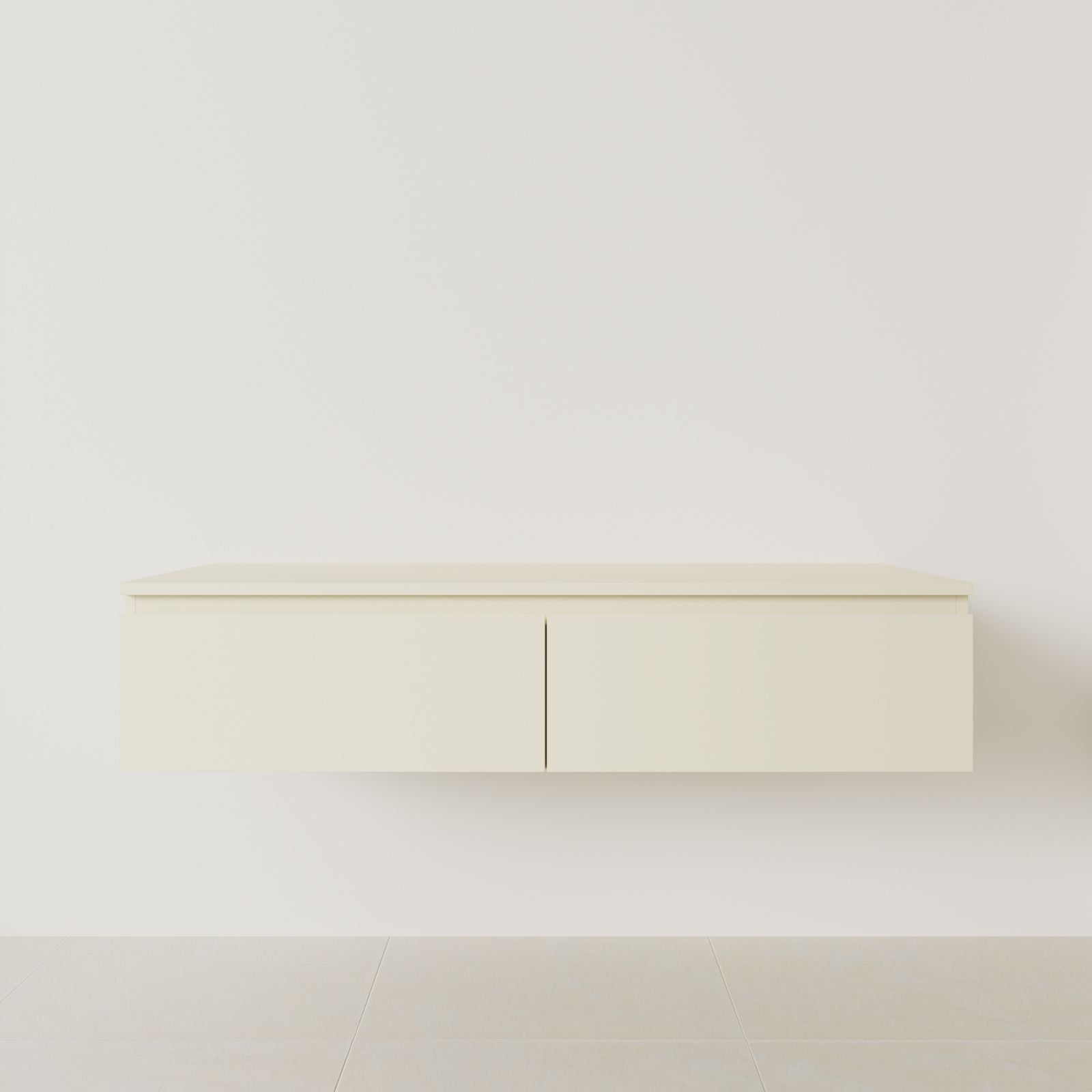 meuble salle de bain mino 140 cm double vasque suspendu coquille poignées intégrées vue face.