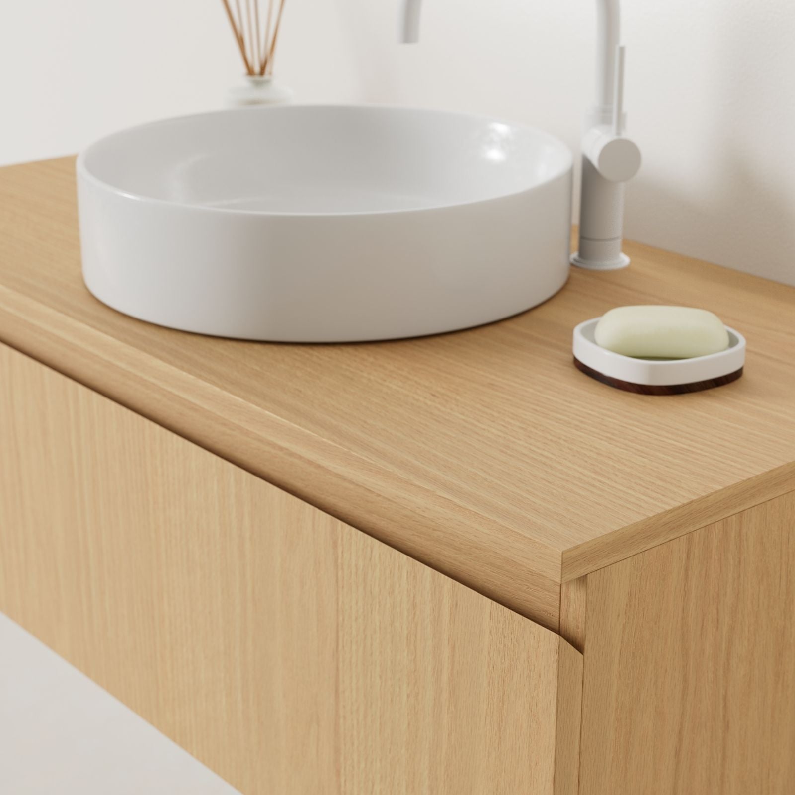 meuble salle de bain mino 100 cm chêne poignées intégrées avec vasque posé vue angle