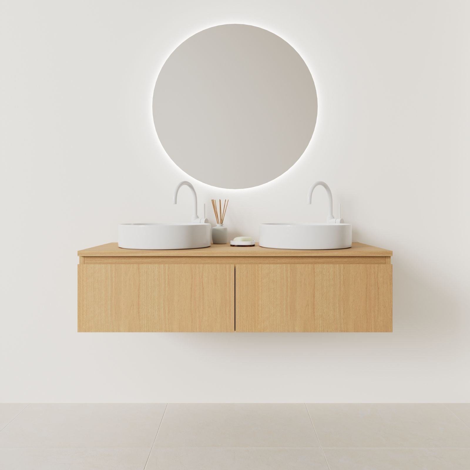 meuble salle de bain mino 120 cm double vasque suspendu chêne prise de main vue face