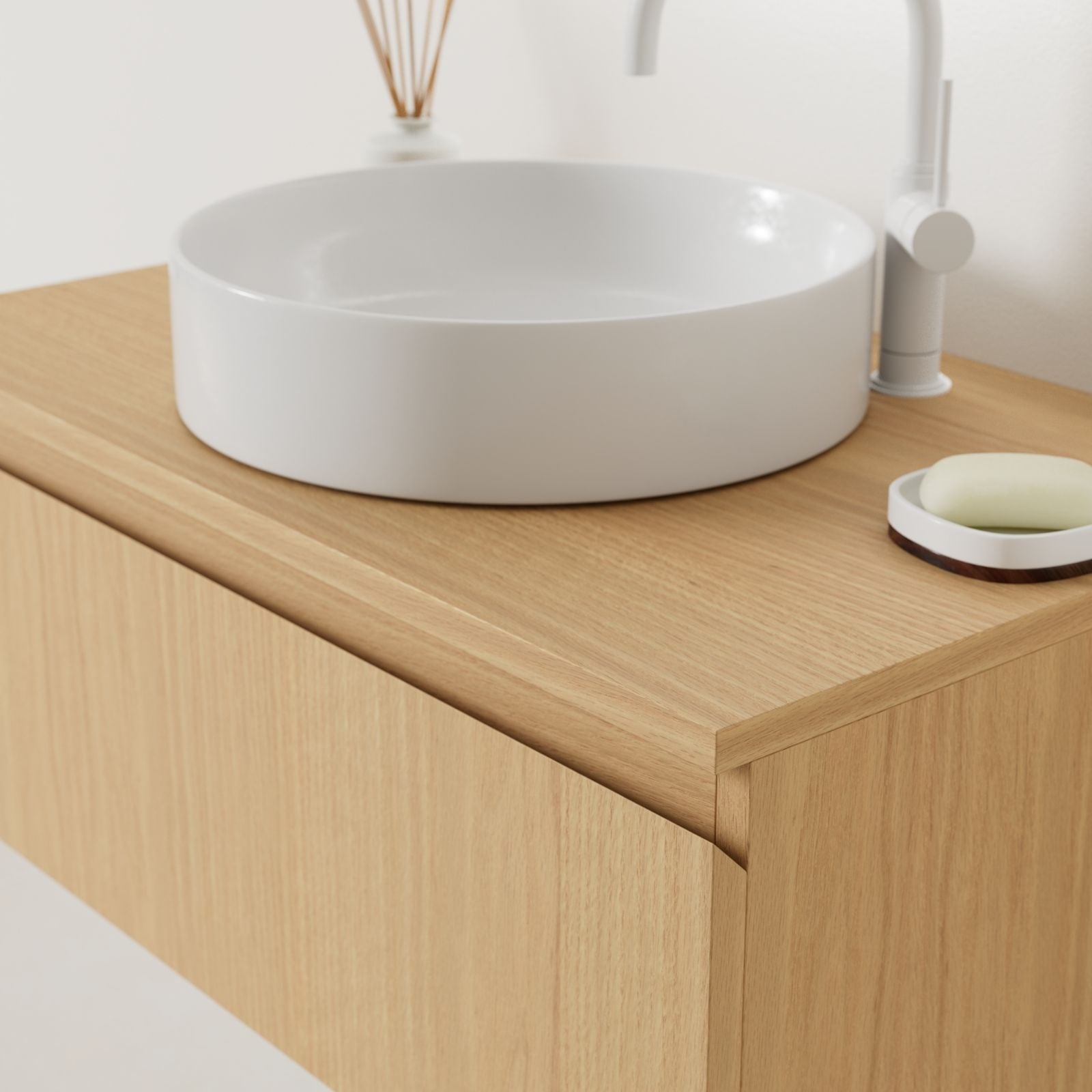 meuble salle de bain mino 80 cm chêne poignées intégrées avec vasque posé vue angle