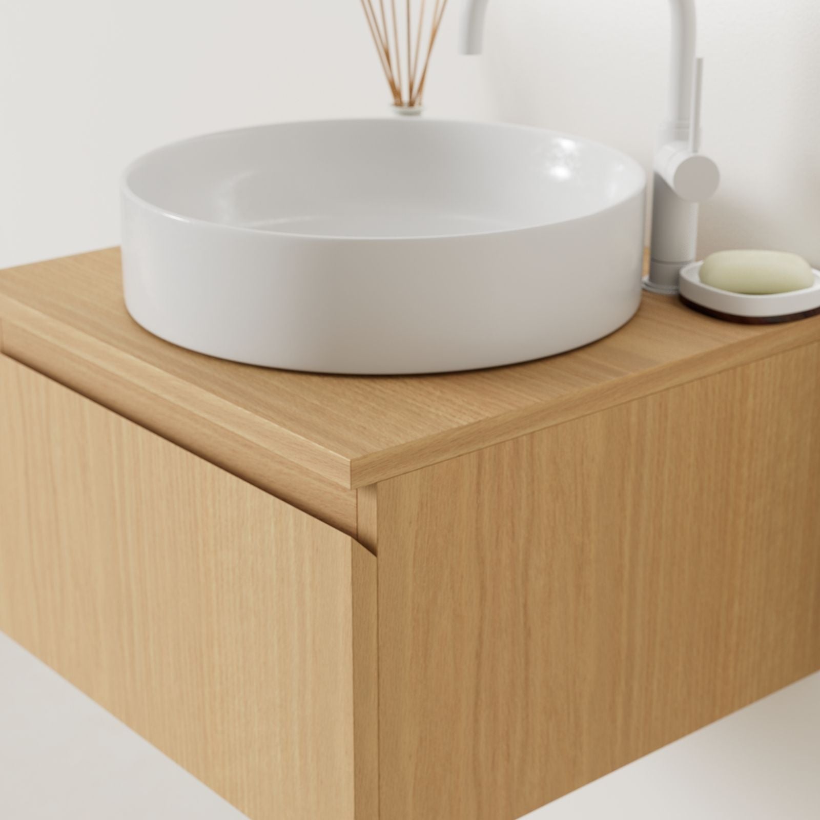 meuble salle de bain mino 50 cm chêne poignées intégrées avec vasque posé vue angle