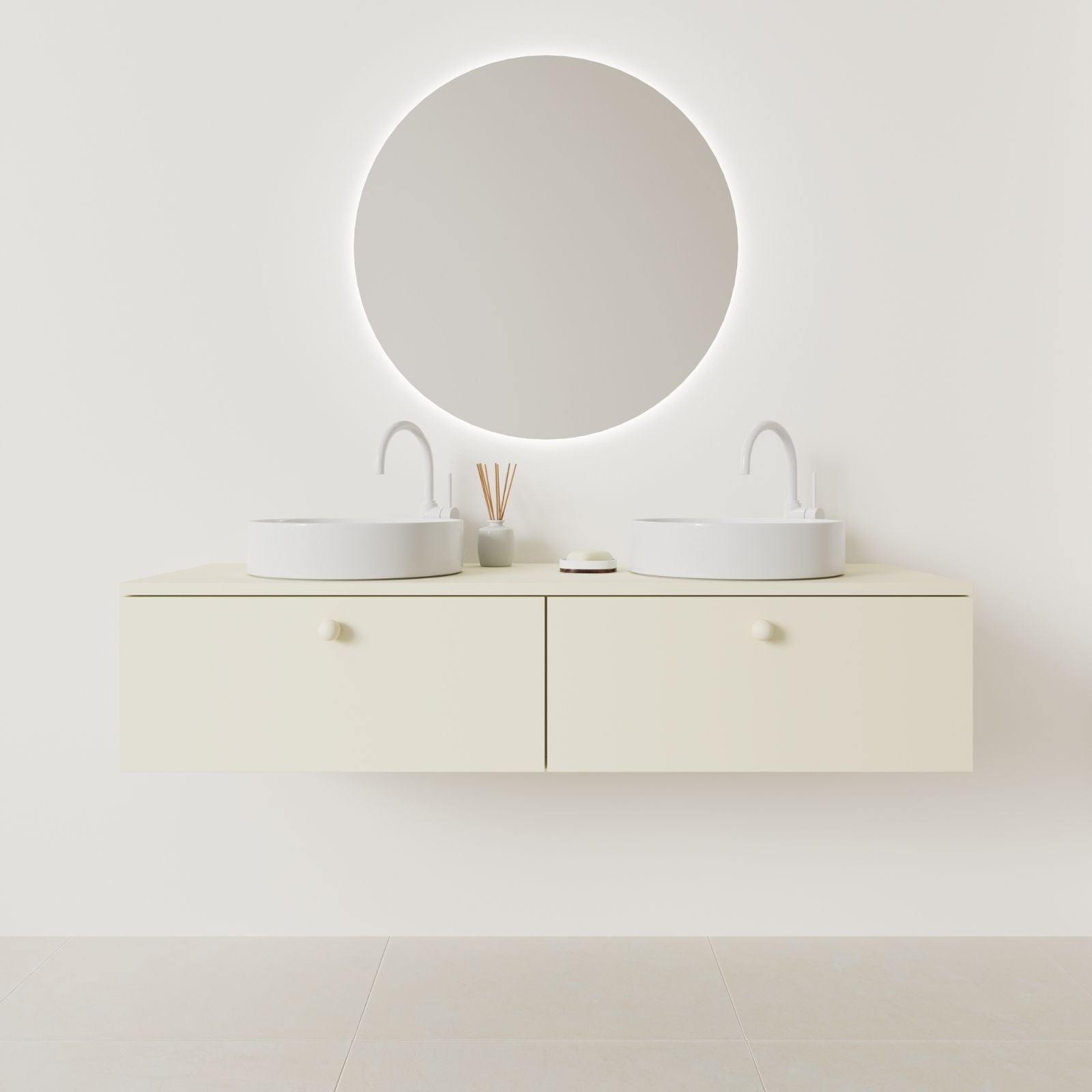 meuble salle de bain mino 140 cm double vasque suspendu coquille façade lisse vue face