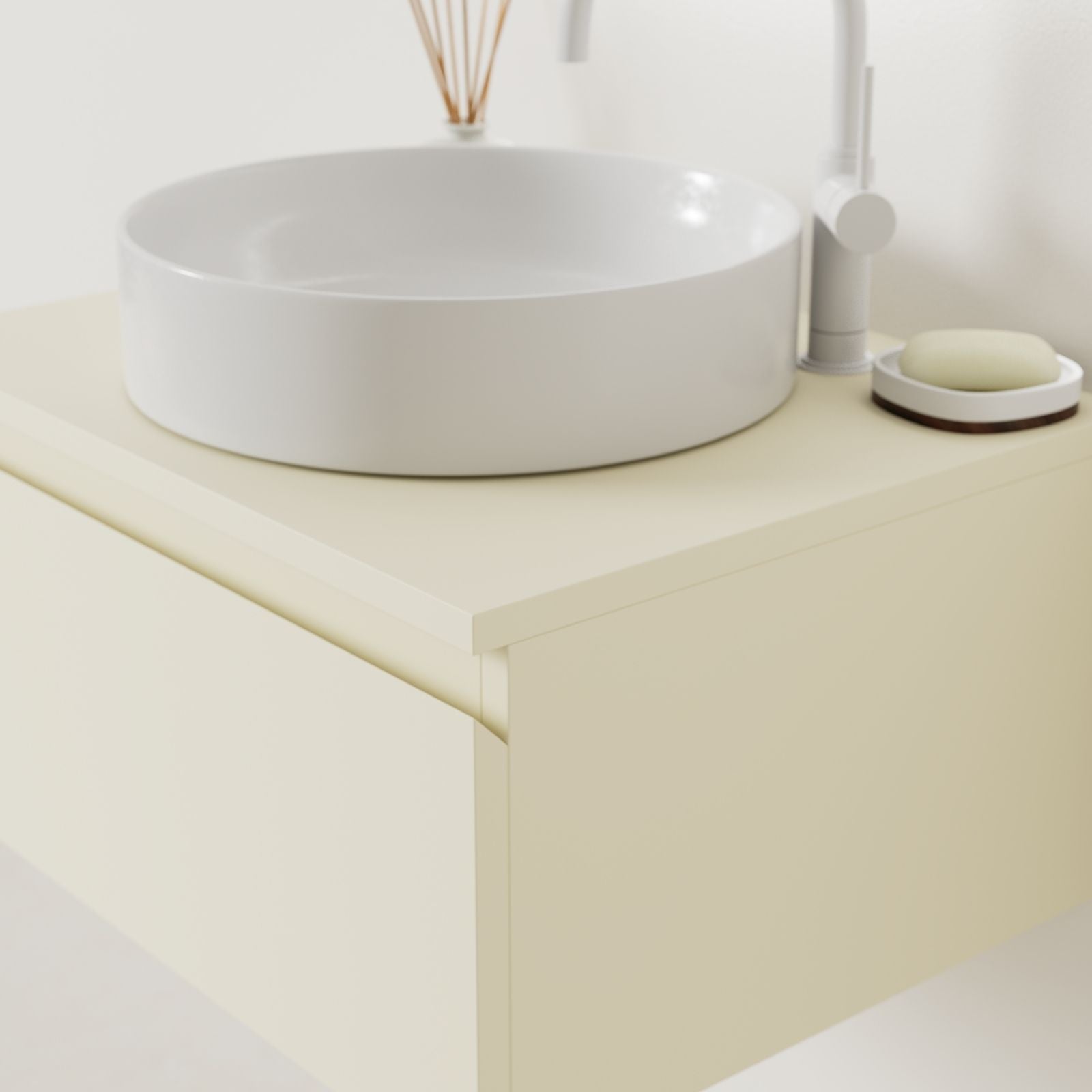meuble salle de bain mino 60 cm coquille poignées intégrées avec vasque posé vue angle