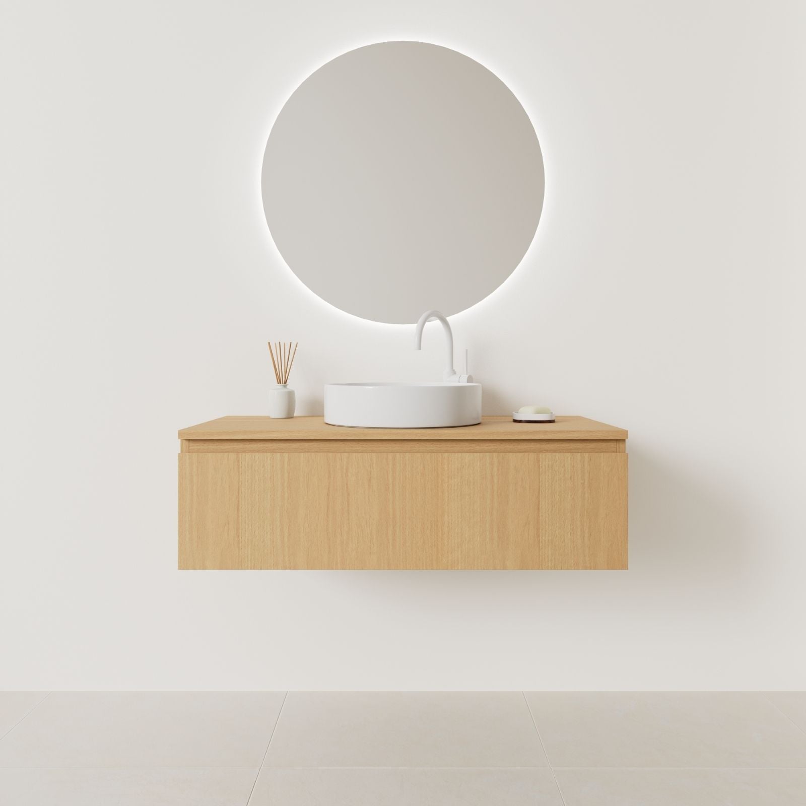 meuble salle de bain mino 100 cm chêne suspendu  prise de main vue face