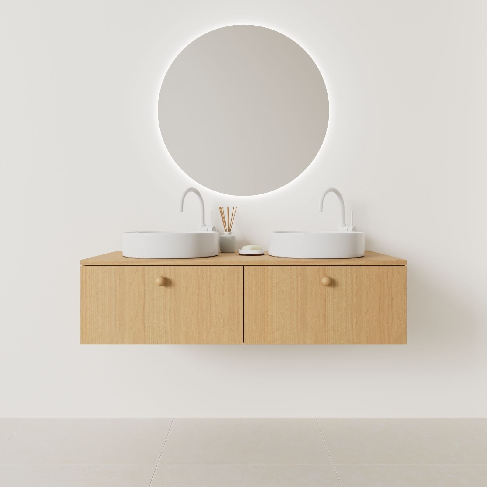 meuble salle de bain mino 120 cm double vasque suspendu chêne façade lisse vue face