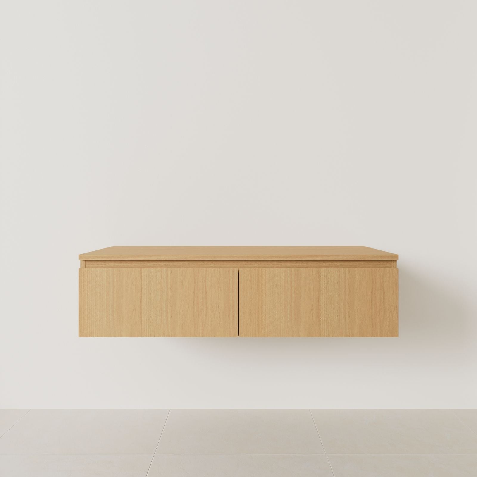 meuble salle de bain mino 120 cm double vasque suspendu chêne poignées intégrées vue face.