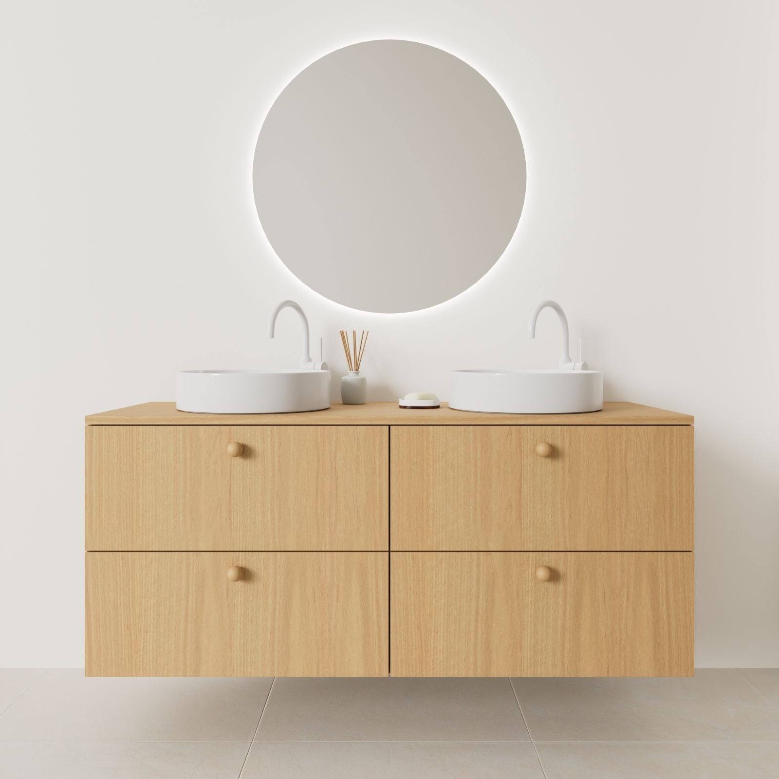 meuble salle de bain marco 140 cm double vasque suspendu chêne façade lisse vue face